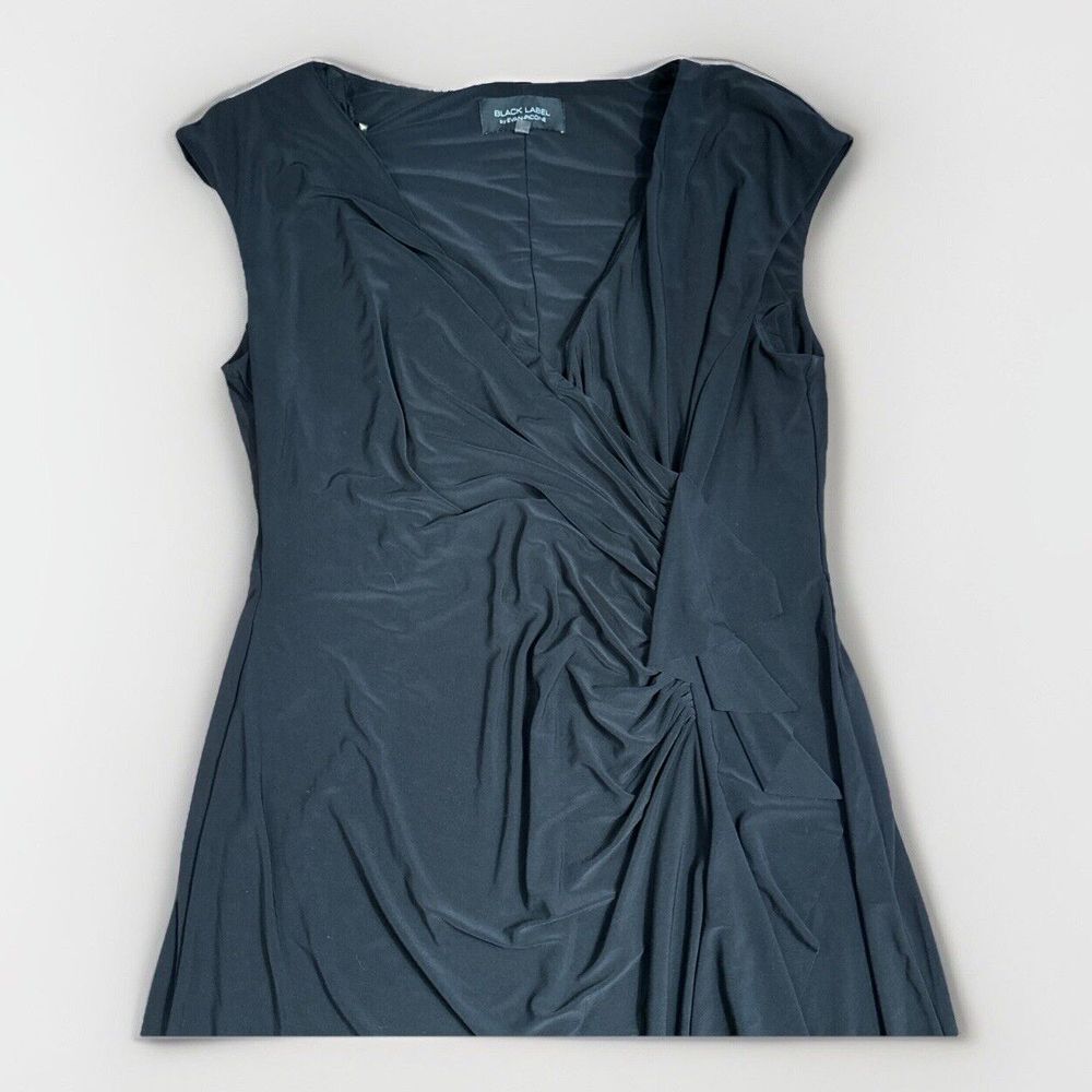 EVAN PICONE Faux Wrap‎ Dress Womens Size 16 Black Gathered Cap Sleeve Ruffle - Picture 2 of 4